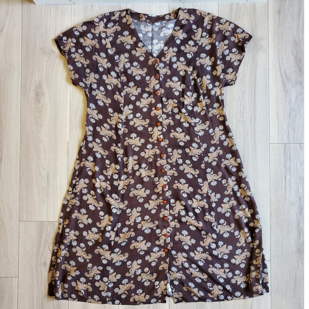 Vintage‎ Paisley Dress Womens 5X Brown Button Front Short Sleeve Flowy Long Maxi
